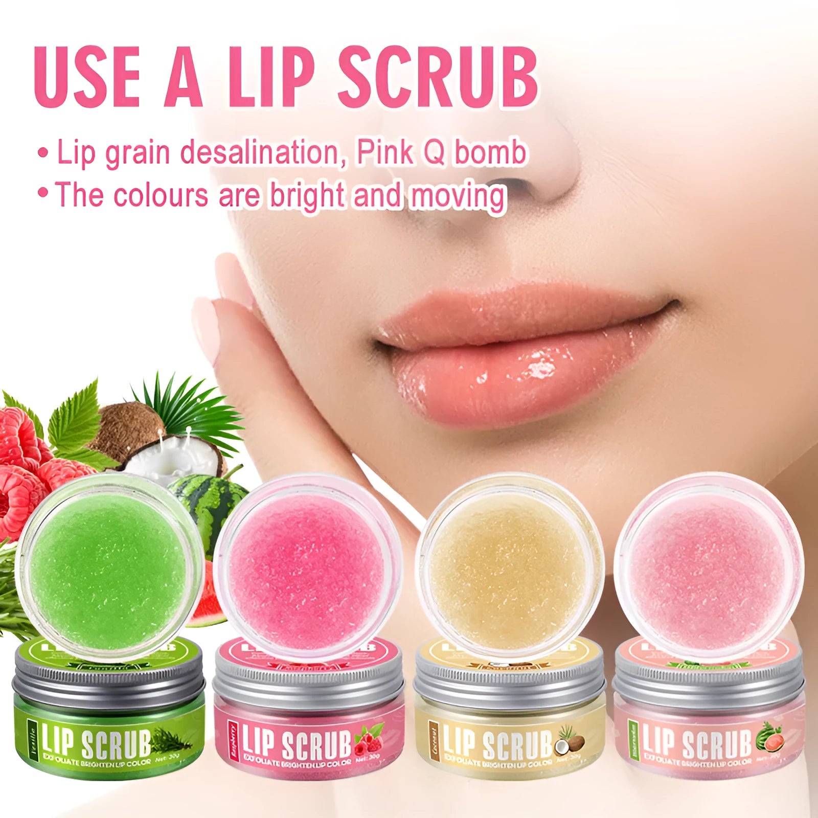 30g pot of fruit flavour lip scrub cream in coconut, raspberry, vanilla, or watermelon