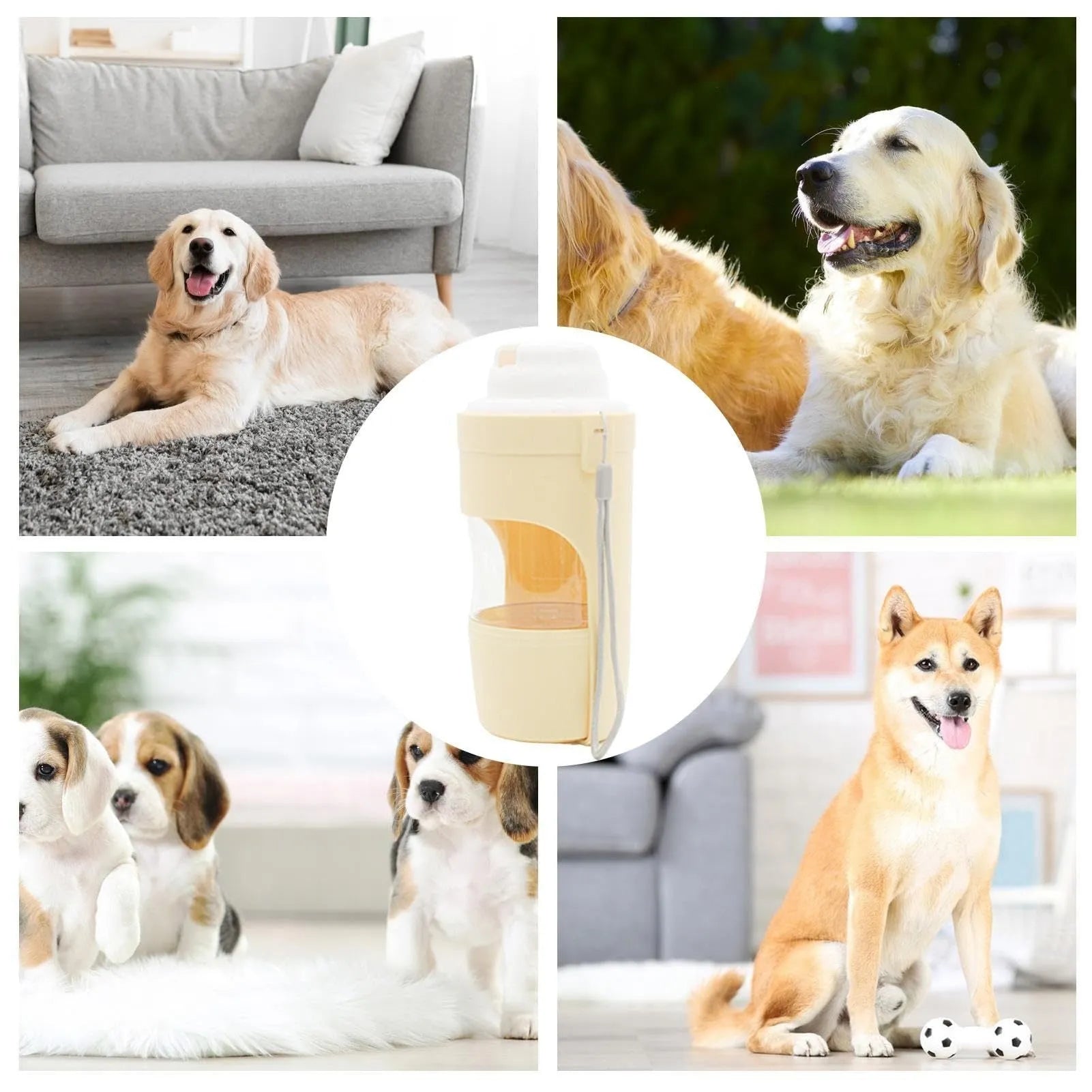 Grey 2-in-1 portable dog water bottle and food feeder with lanyard attached