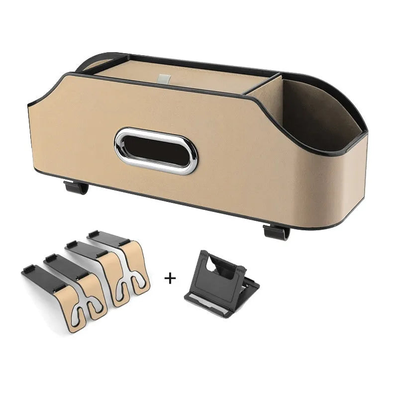 Genuine leather car tissue box organiser with integrated cup holder and buggy bag