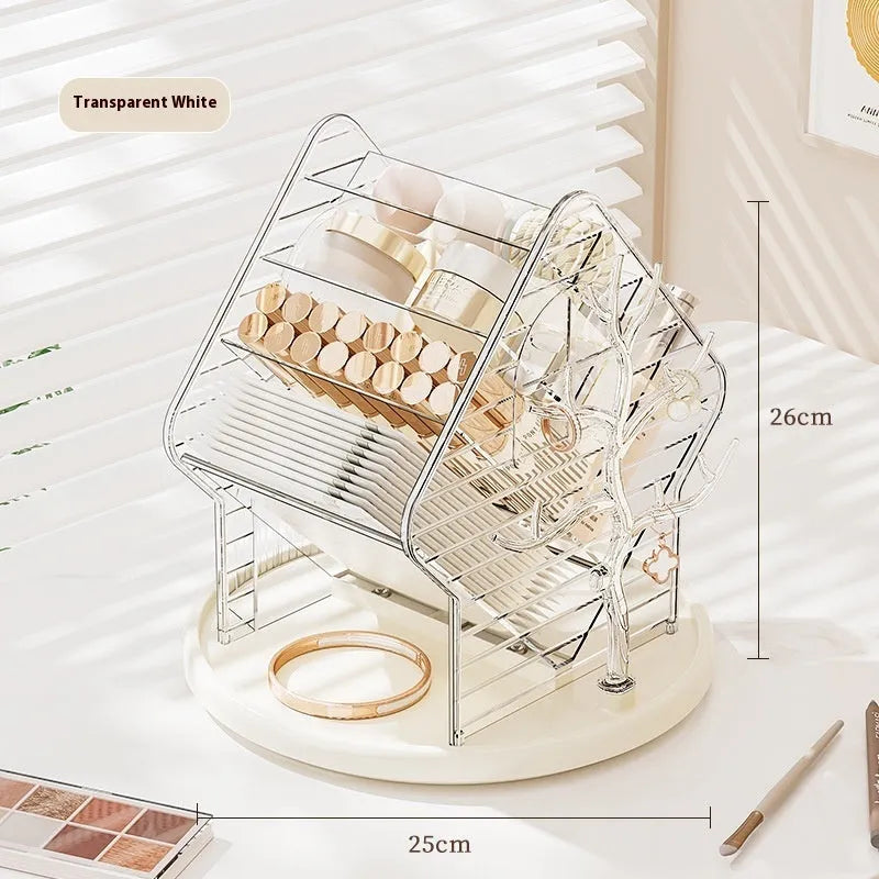 Rotating transparent plastic cosmetics storage box on a countertop.
