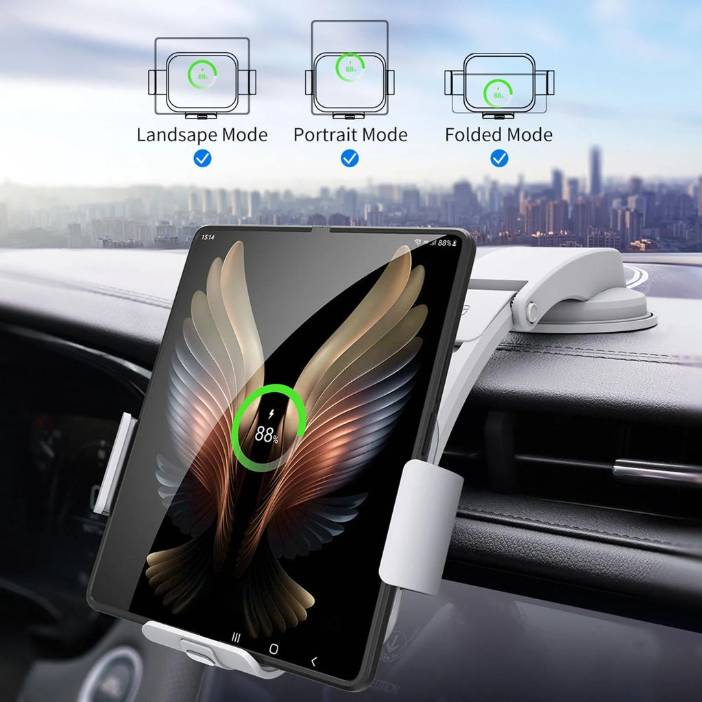 Grey and white folding screen wireless charging mobile phone holder with car air vent clip and suction cup mount.