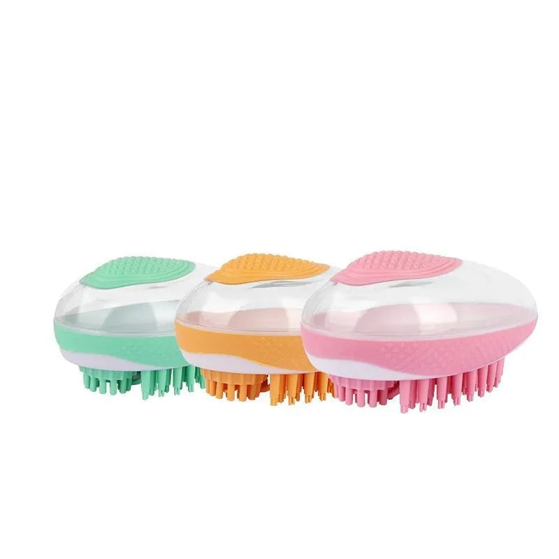 2-in-1 pet bath brush with soft silicone bristles, foam reservoir and non-slip grip in pink, orange or green
