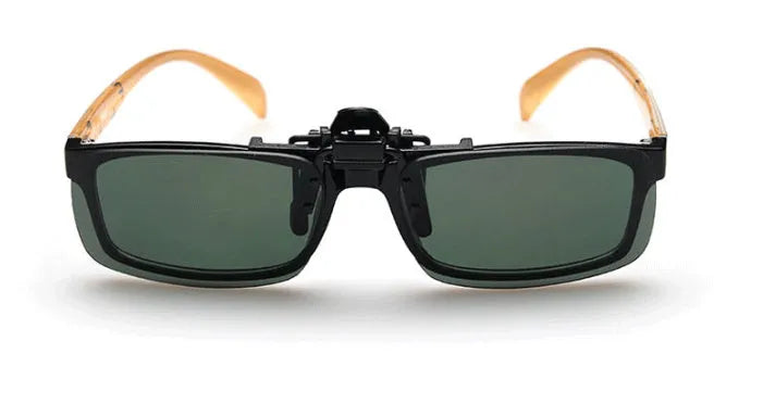 Plastic clip-on sunglasses attachment for prescription glasses, shown with dark green PC lens.