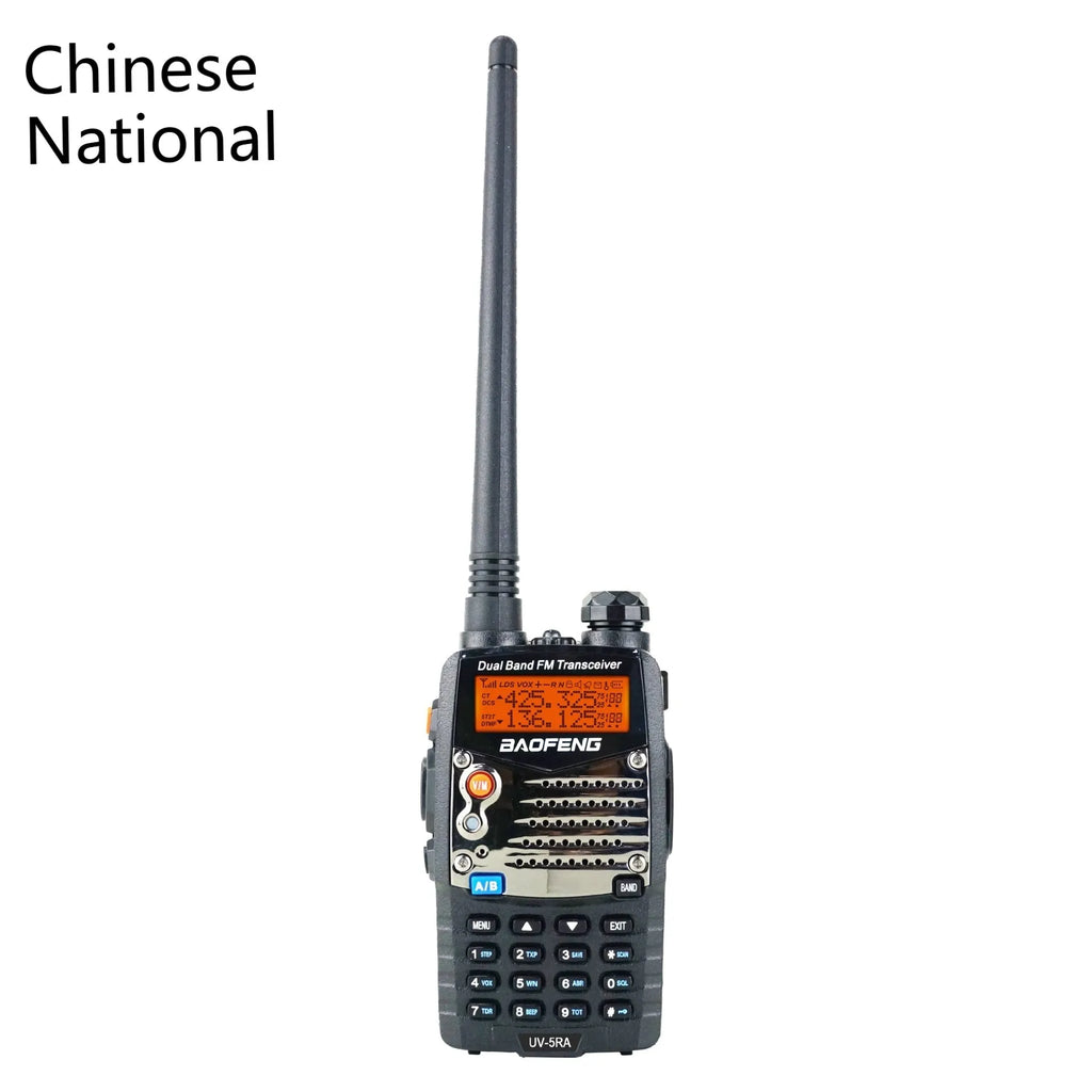 Baofeng UV-5RA dual display two-way radio with optional headset configurations.