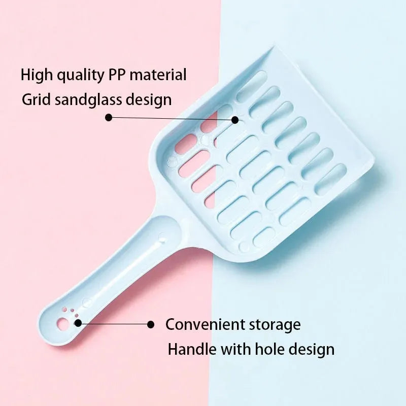 Plastic cat litter scoop measuring 20cm long with blue, green and pink colour options