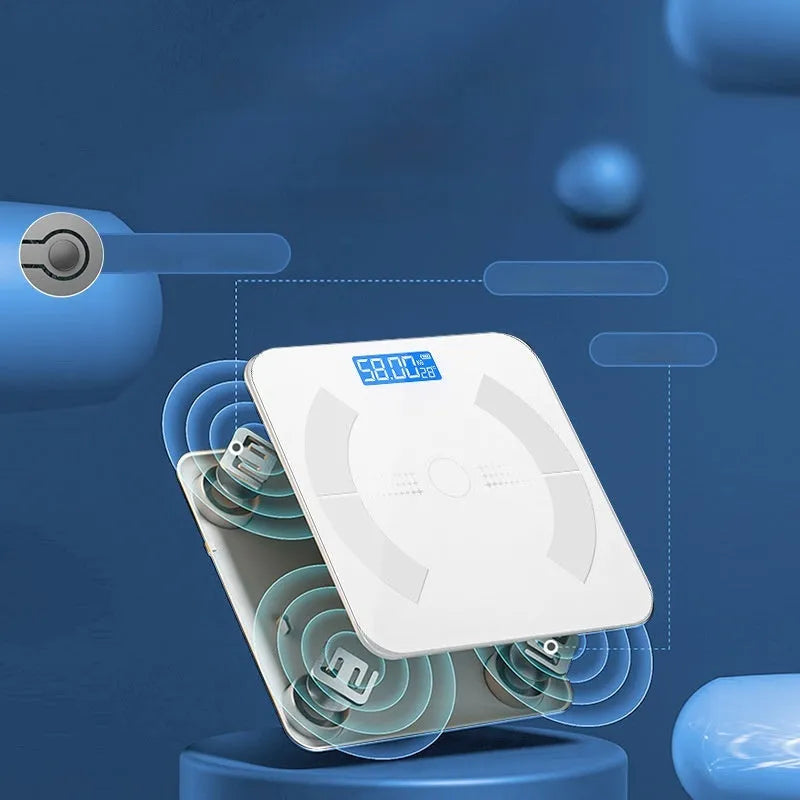 Smart Bluetooth body fat scale in white colour showing digital display and stainless steel electrodes