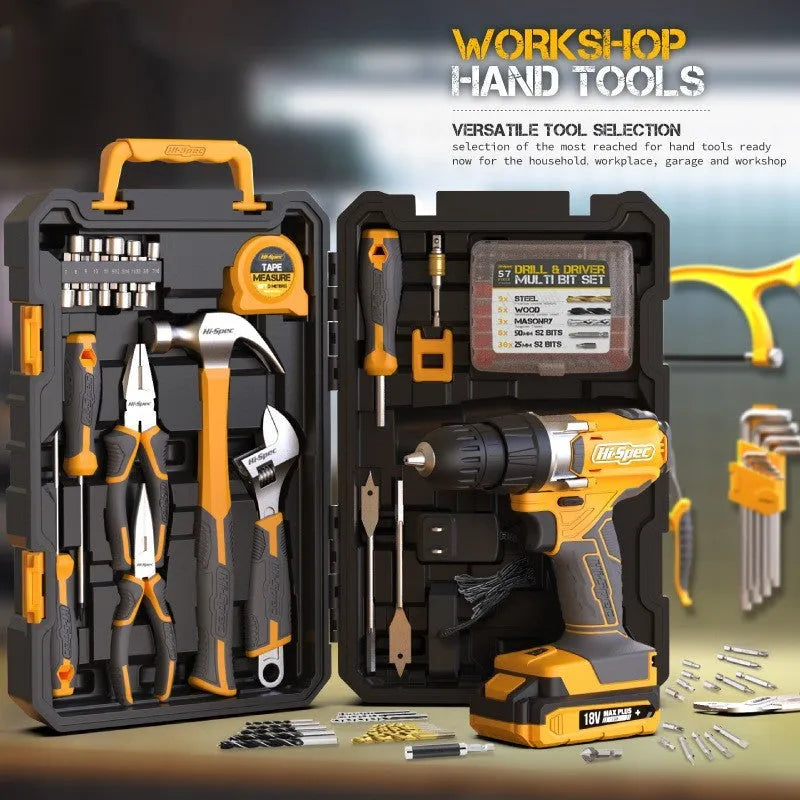 Grey-yellow case open to show 82-piece chrome-vanadium steel tool set for home repair.