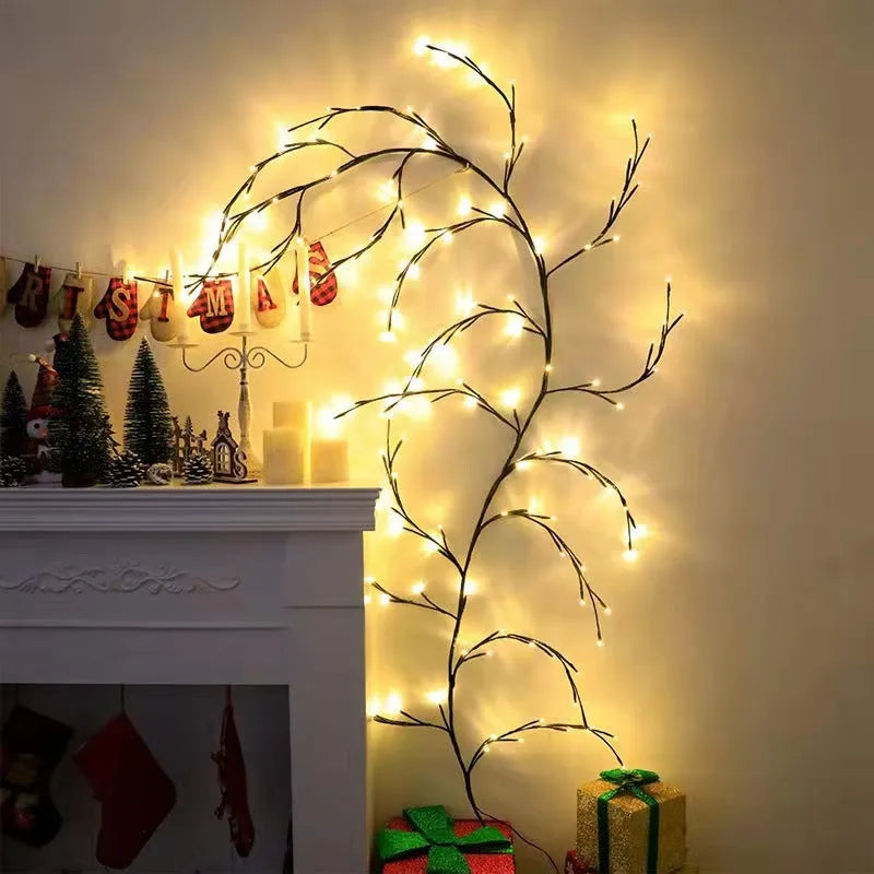 Flexible DIY willow vine LED light garland with birch bark texture and 144 warm white lights