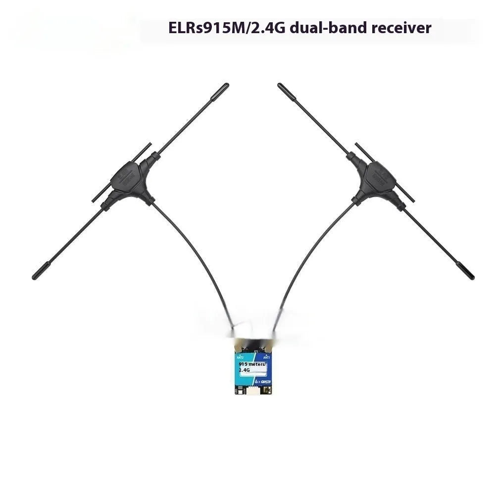 ELRS 915MHz/2.4GHz dual-frequency FPV drone receiver module with T-shaped antennas and metal housing