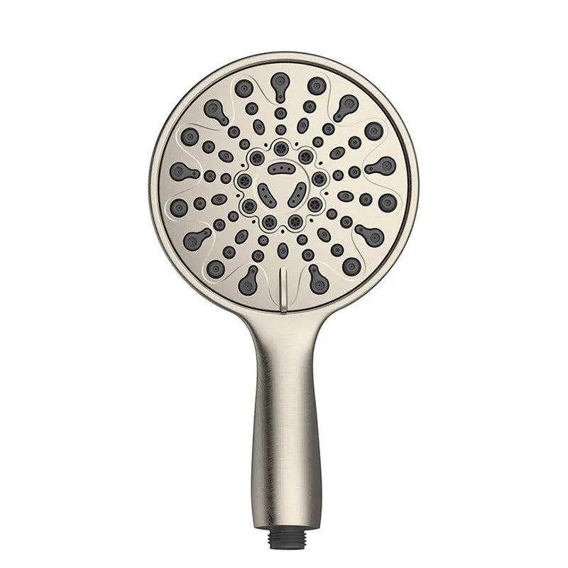 Six-inch diameter handheld shower head with an electroplated chrome finish, showing multiple spray face settings.