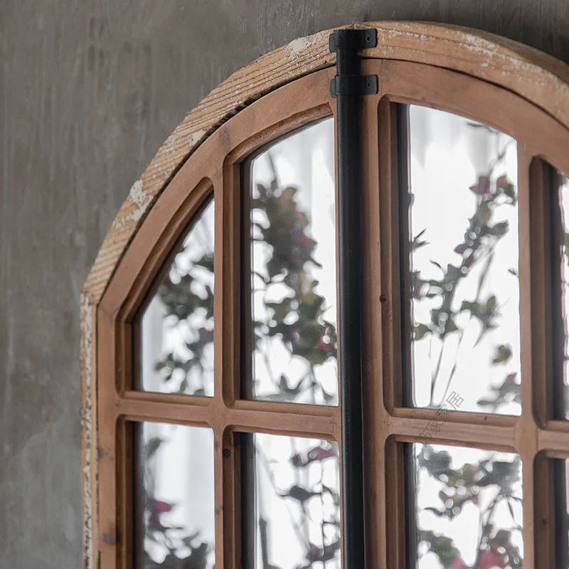 Terrace distressed fake window wall mirror with wooden glass frame in log colour, A316 style