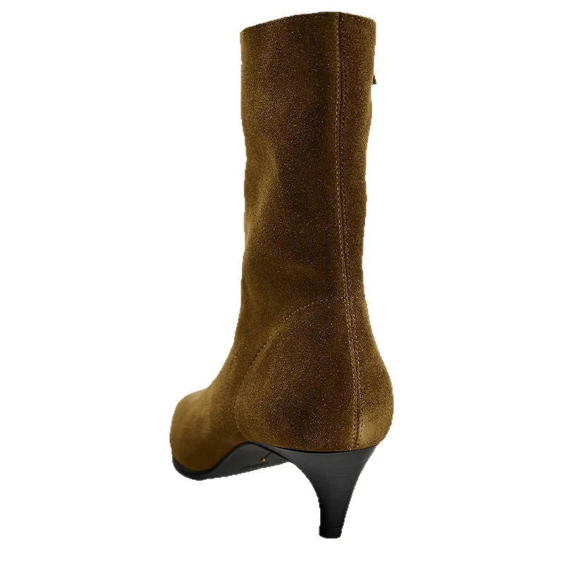 Women's brown square toe ankle booties with a side zipper and stiletto mid heel