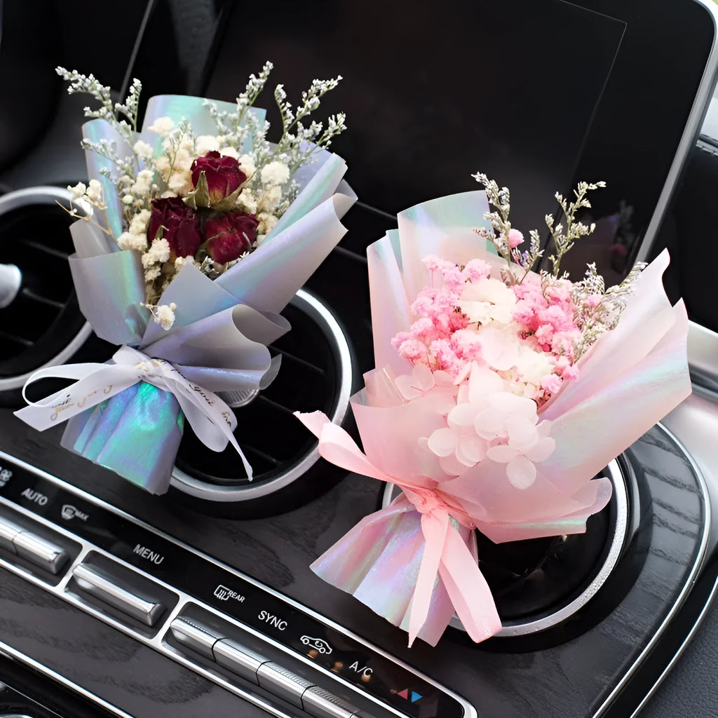 Handmade dried flower car vent perfume ornament in assorted colours for vehicle air freshening