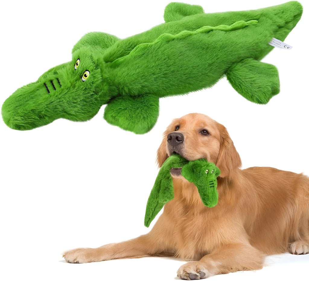 Dark green plush crocodile dog toy with squeaker for aggressive chewers measuring 20cm long