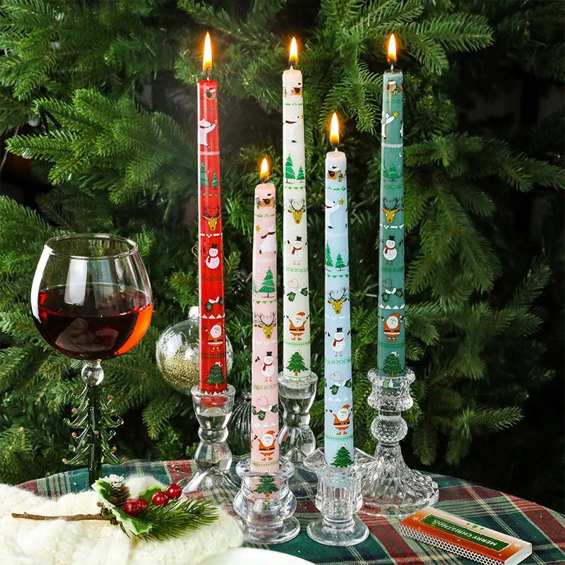 25cm Christmas pillar candle in paraffin, 2.2cm diameter, printed festive design, five colours available