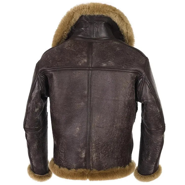 Men's brown retro synthetic leather fur coat with straight hem and side pockets