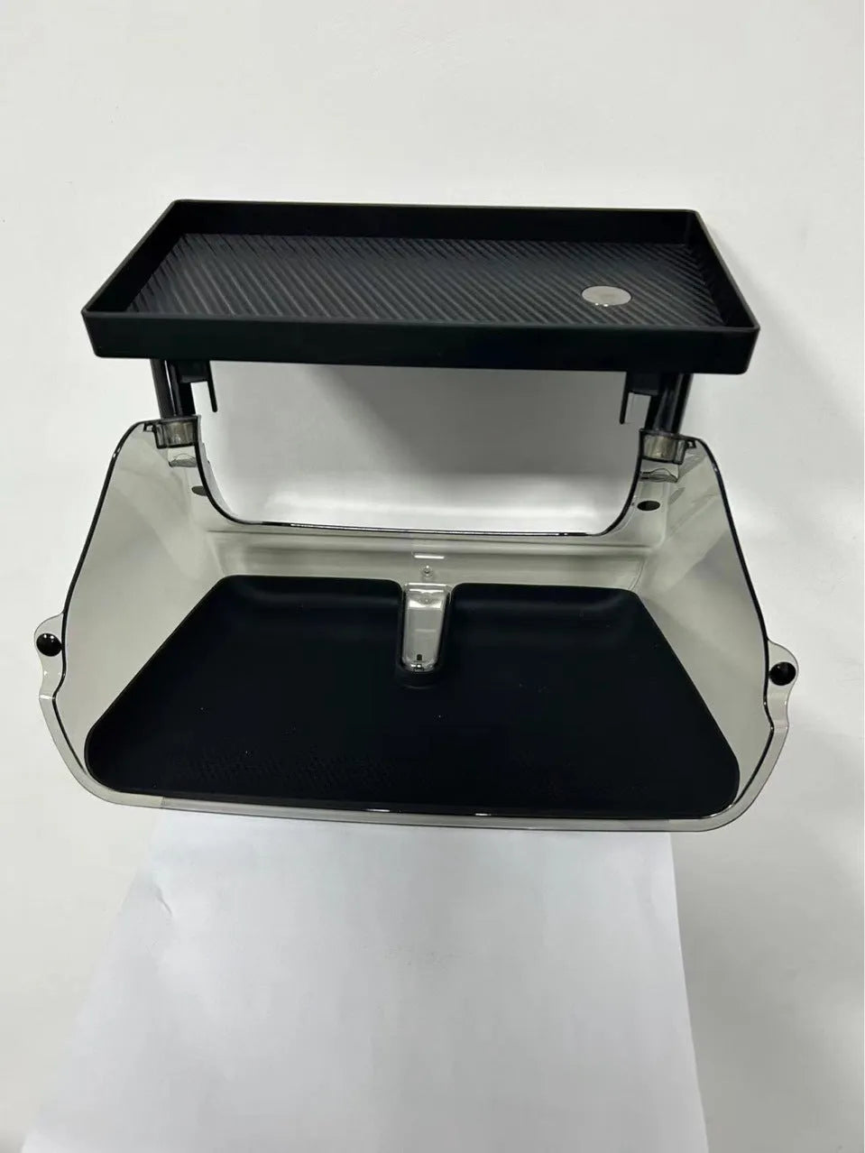 Black ABS plastic Tesla Model 3 Y centre console organiser box for ETC cards, shown with matching napkin box.