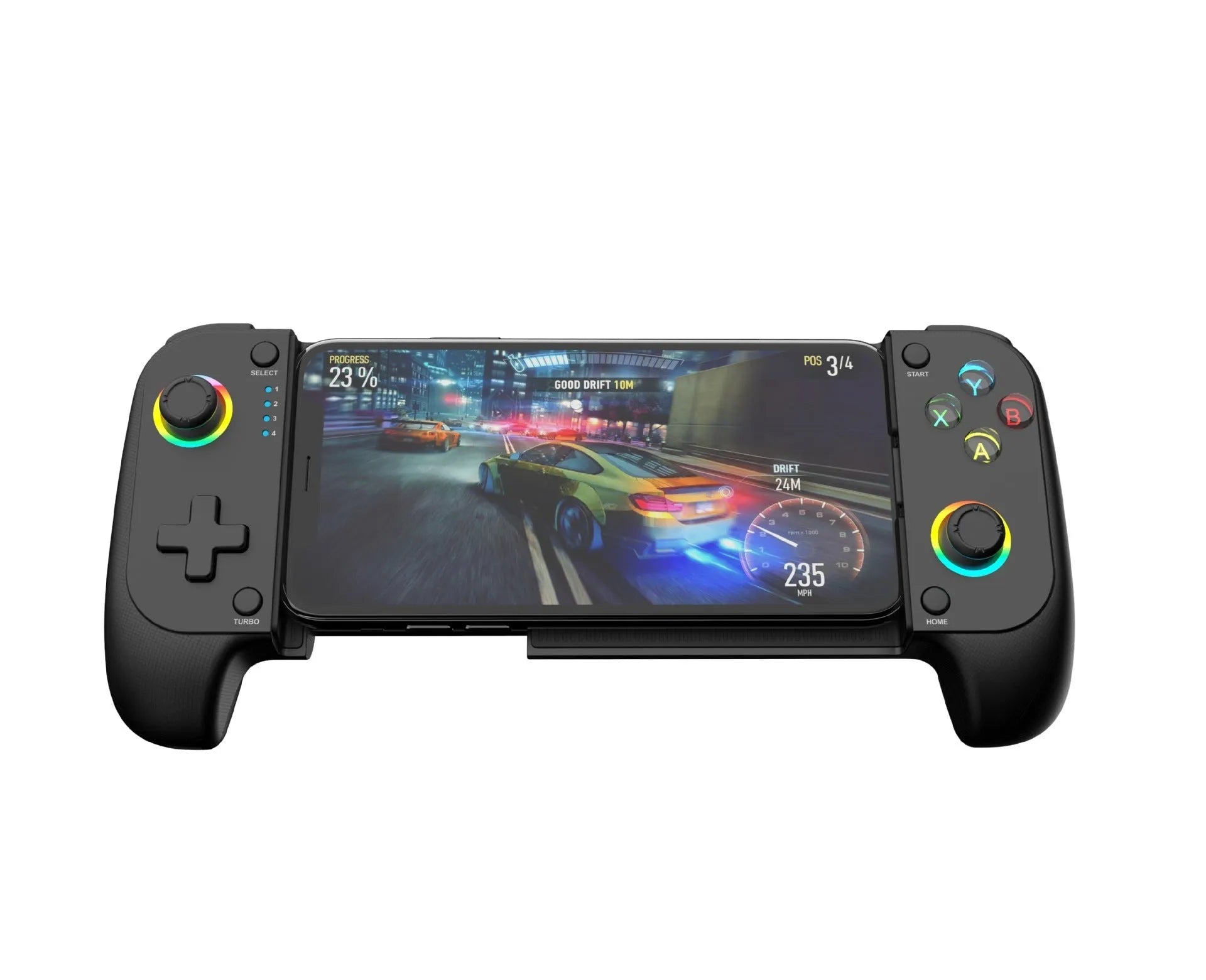 Bluetooth mobile game controller stretching handle accessory with smartphone in black red and blue colour