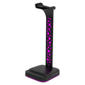 RGB colour changing headphone stand with dual USB hub showing black acrylic variant