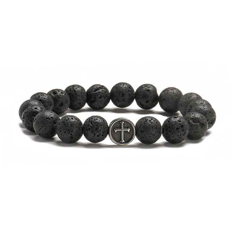 Geometric volcanic rock agate bracelet in Volcano colour with stainless steel, showing 10mm stone and 19mm size.