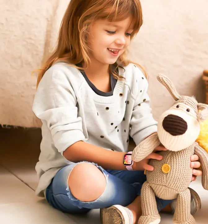 Blue H39T smart children's watch with sporty TPU strap on a wrist, showing the 1.4-inch touch screen.