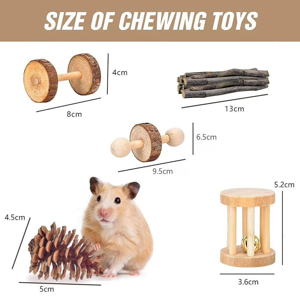 Wooden chew toy bundle for small pets including rabbits, with straw mats and natural woven balls.
