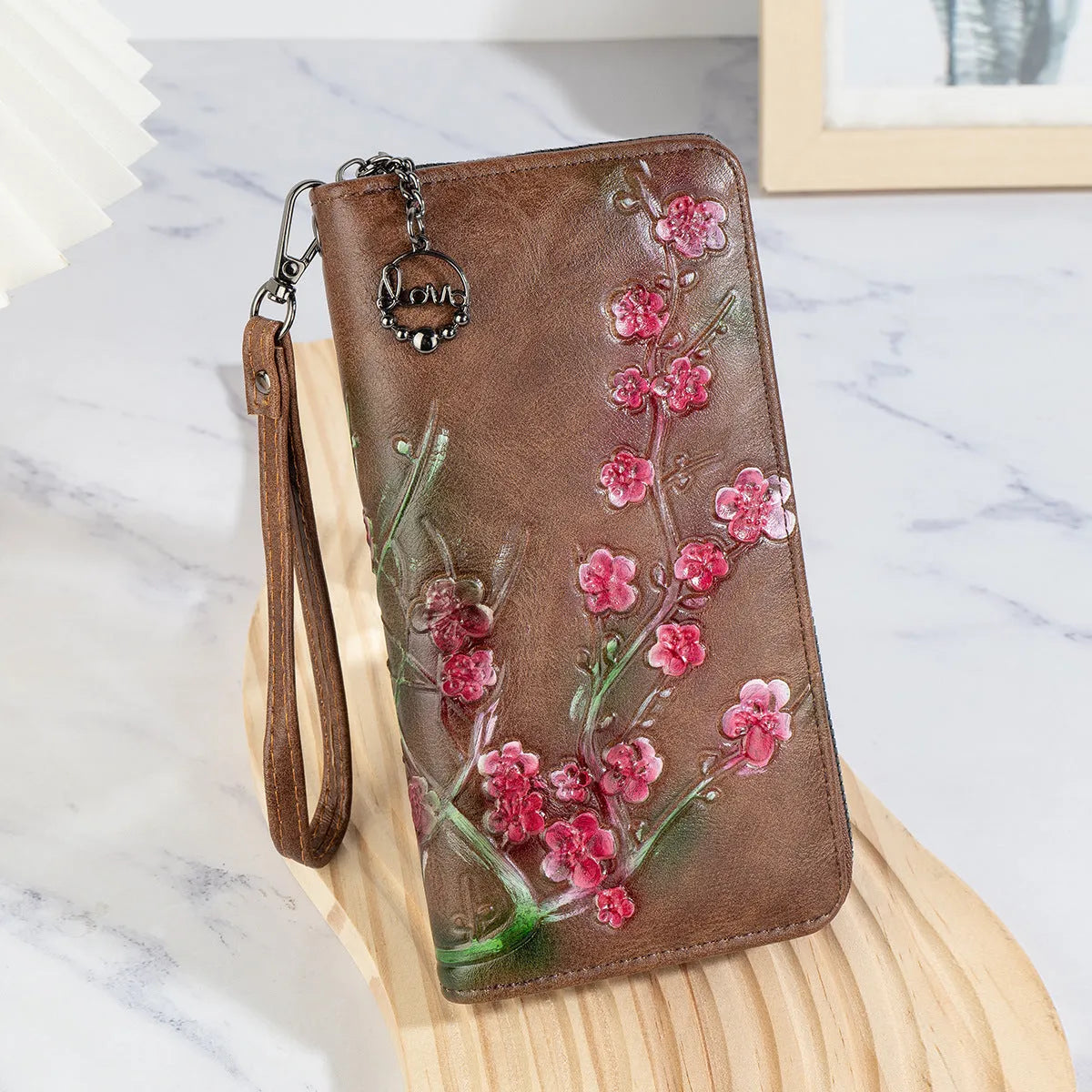 Chinese style embossed floral handbag with hand-painted detailing in black, brown or coffee colour