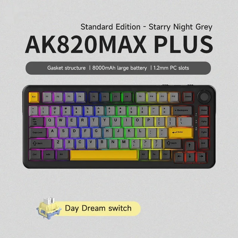 Black, grey and yellow 75% mechanical keyboard with wireless and hot-swappable features