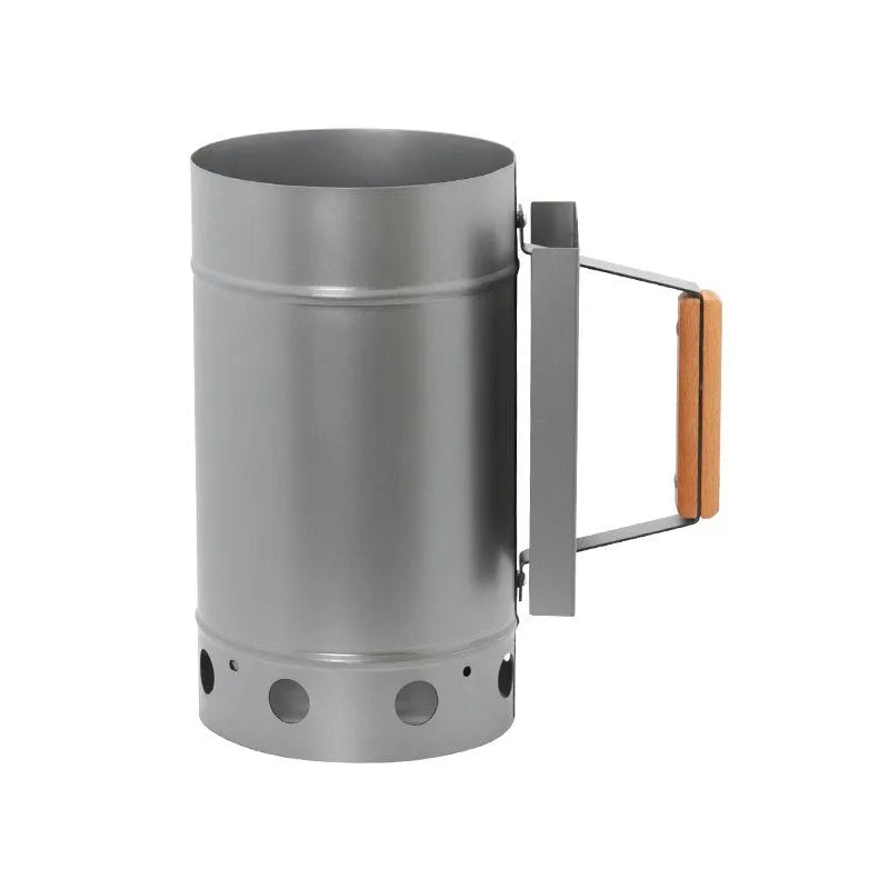 Outdoor charcoal fire igniter with zinc-iron alloy construction and carbon bucket style