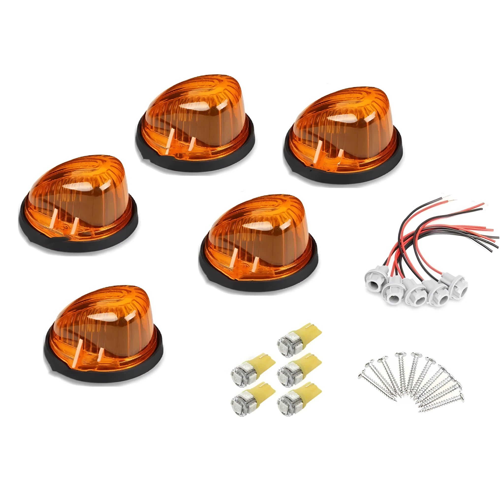 Yellow GR- LED roof cab marker light kit for trucks with lenses, bases, bulbs, and mounting screws.