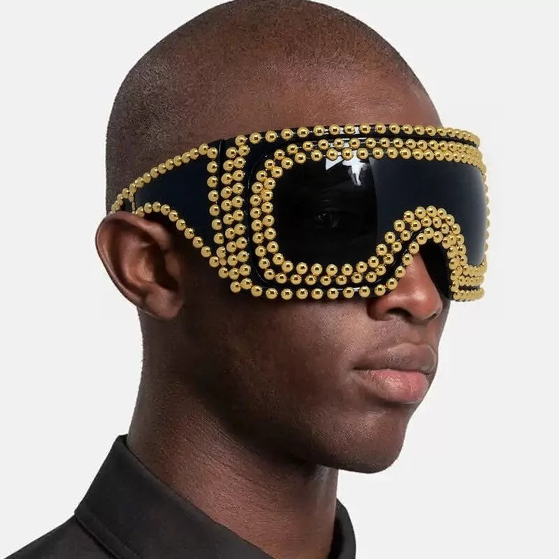 Men's punk sunglasses with large square frame and metal rivet detailing in silver colour