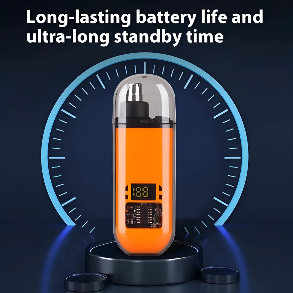 Rechargeable nose hair trimmer with digital display, removable cutter head, and cleaning brush