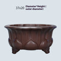 Square purple sand flower pot with petal basin edge in antique Chinese style, 37cm wide.