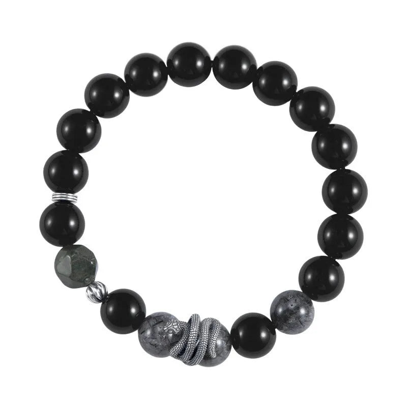Men's black S925 sterling silver bracelet with 10mm obsidian crystal and detailed snake zodiac design