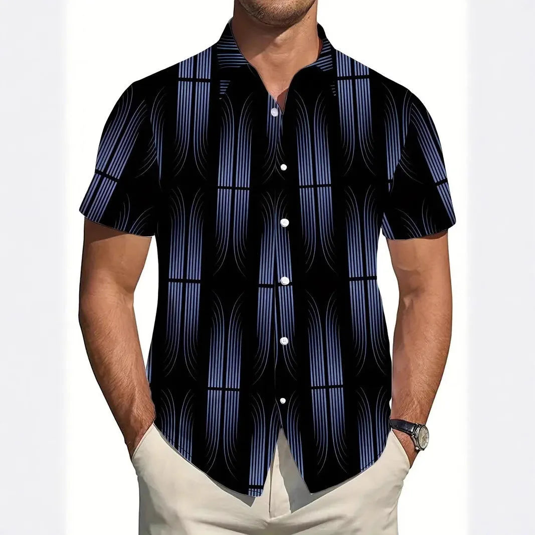 Men's slim fit geometric print short sleeve shirt with a lapel collar on a hanger.