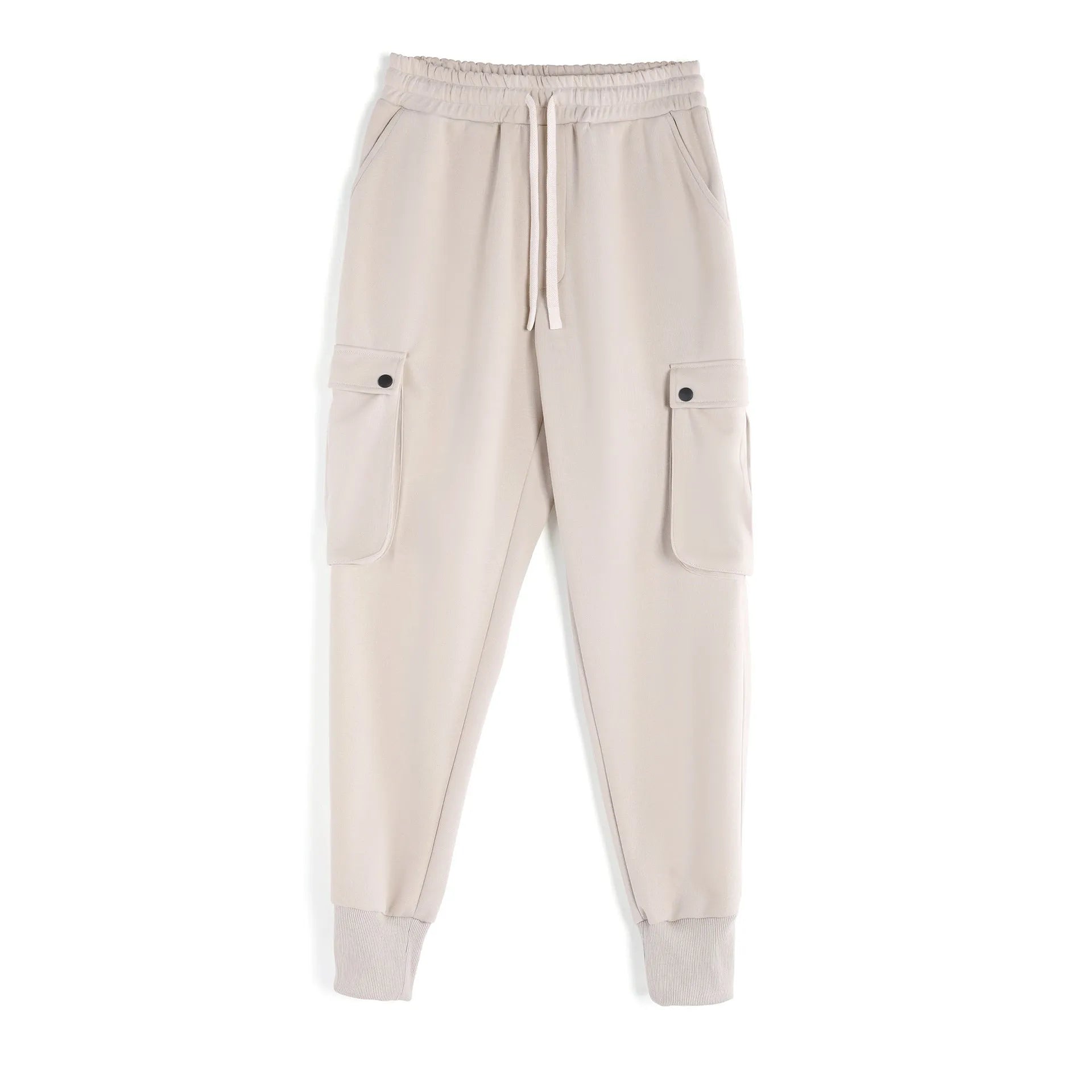 Men's loose ankle-tied cotton sports trousers in multi-pocket design showing apricot colour option