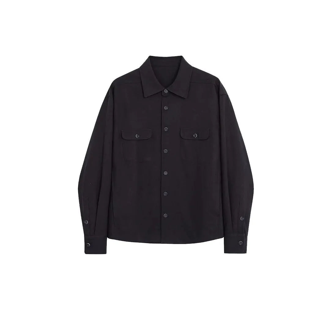 Men's light sand rice coloured lapel collar long sleeve casual shirt on a hanger.