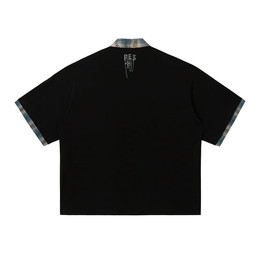 Men's loose cotton top with graffiti print on lapel in blue or red colour options