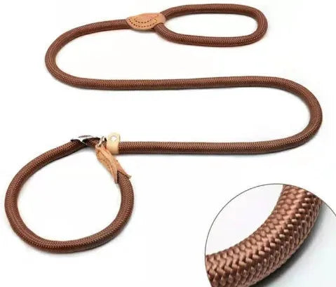Brown nylon dog leash with 2.1 metre length and dual-thickness rope design