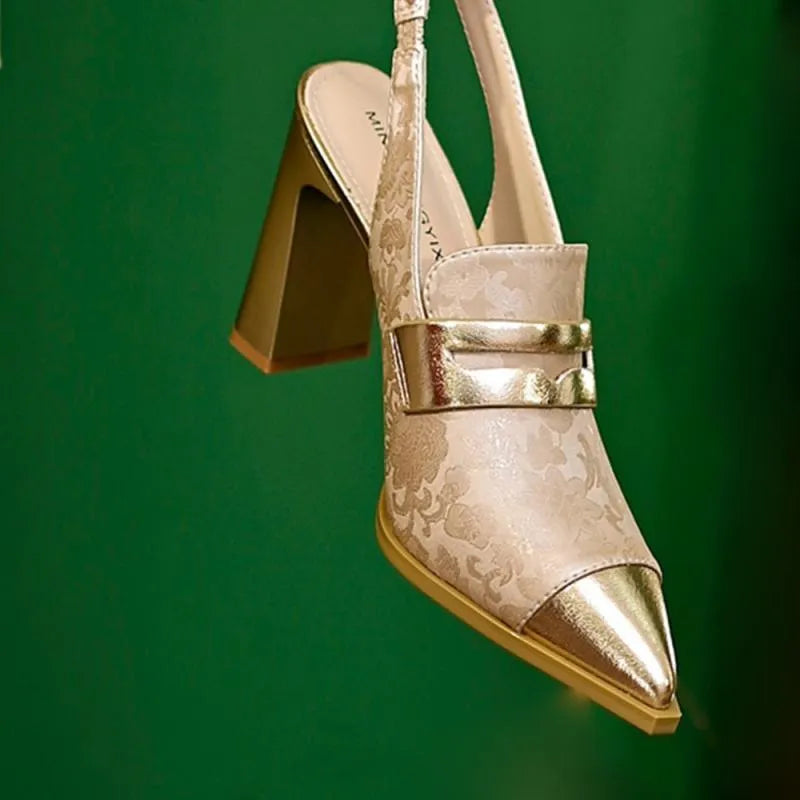 Korean style printed high-cut strap sandals with chunky heels and pointed toe design