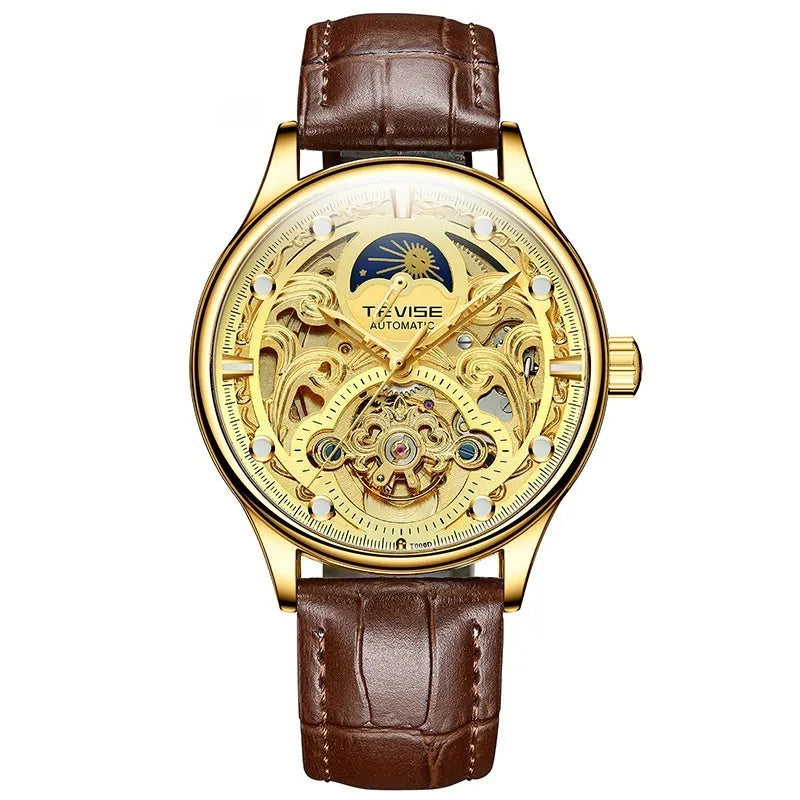 Men's gold leather strap automatic mechanical watch with waterproof business design