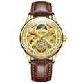 Men's gold leather strap automatic mechanical watch with waterproof business design