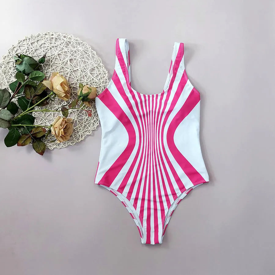 Pink striped one-piece swimsuit for women with digital printing on front and back.
