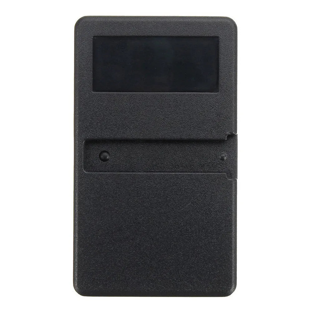 Black three-button LiftMaster garage door remote control with rolling code, showing dimensions.