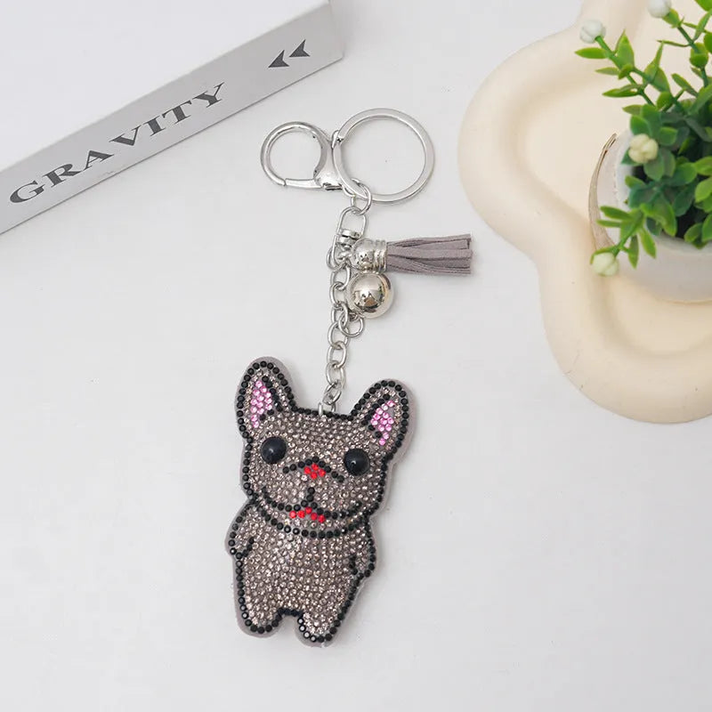 French dog cartoon rhinestone keychain pendant in choice of four colours with alloy electroplated finish