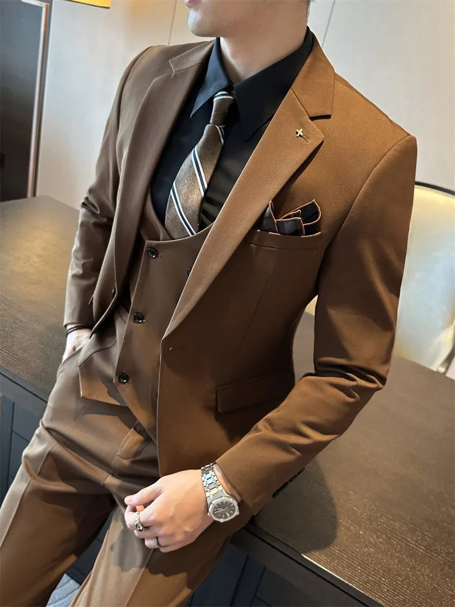 Men's slim fit business jacket in dark green, brown, or camel colour with adhesive interlining construction.