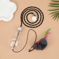 Interactive cat toy hanging from door frame with elastic rope and dangling mouse toy