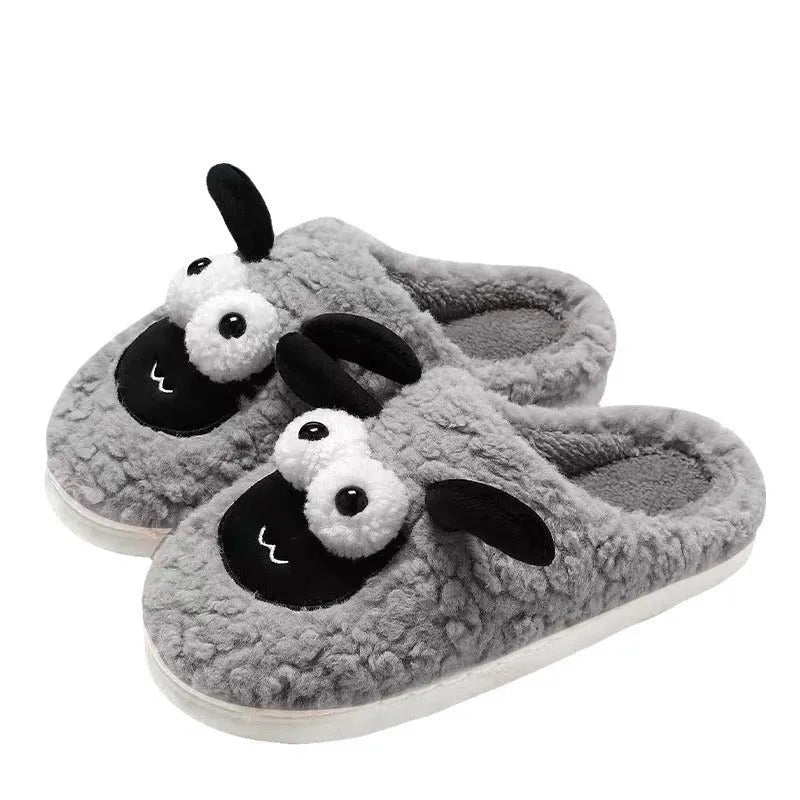 Simple lamb thermal cotton slip-on slippers in brown, grey, or white with a suede upper.