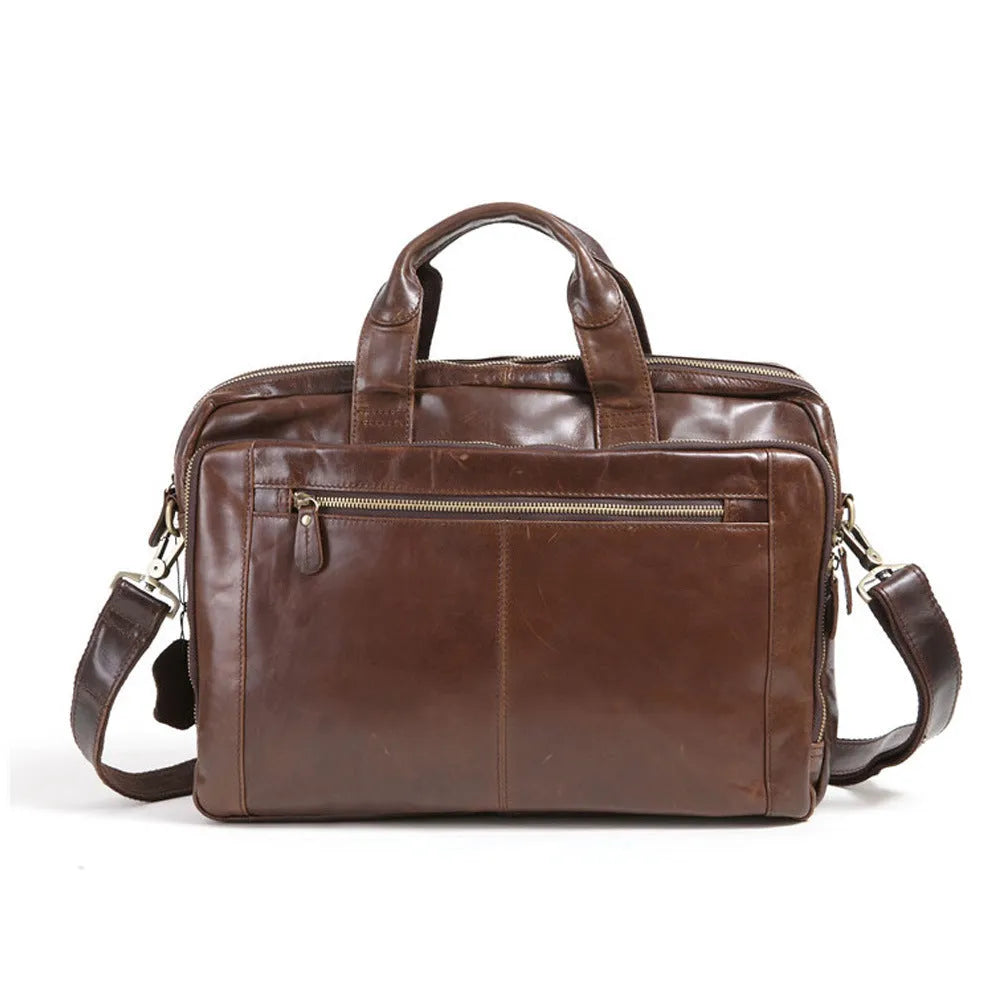 Brown leather men's business briefcase with 18-inch size and visible grain pattern