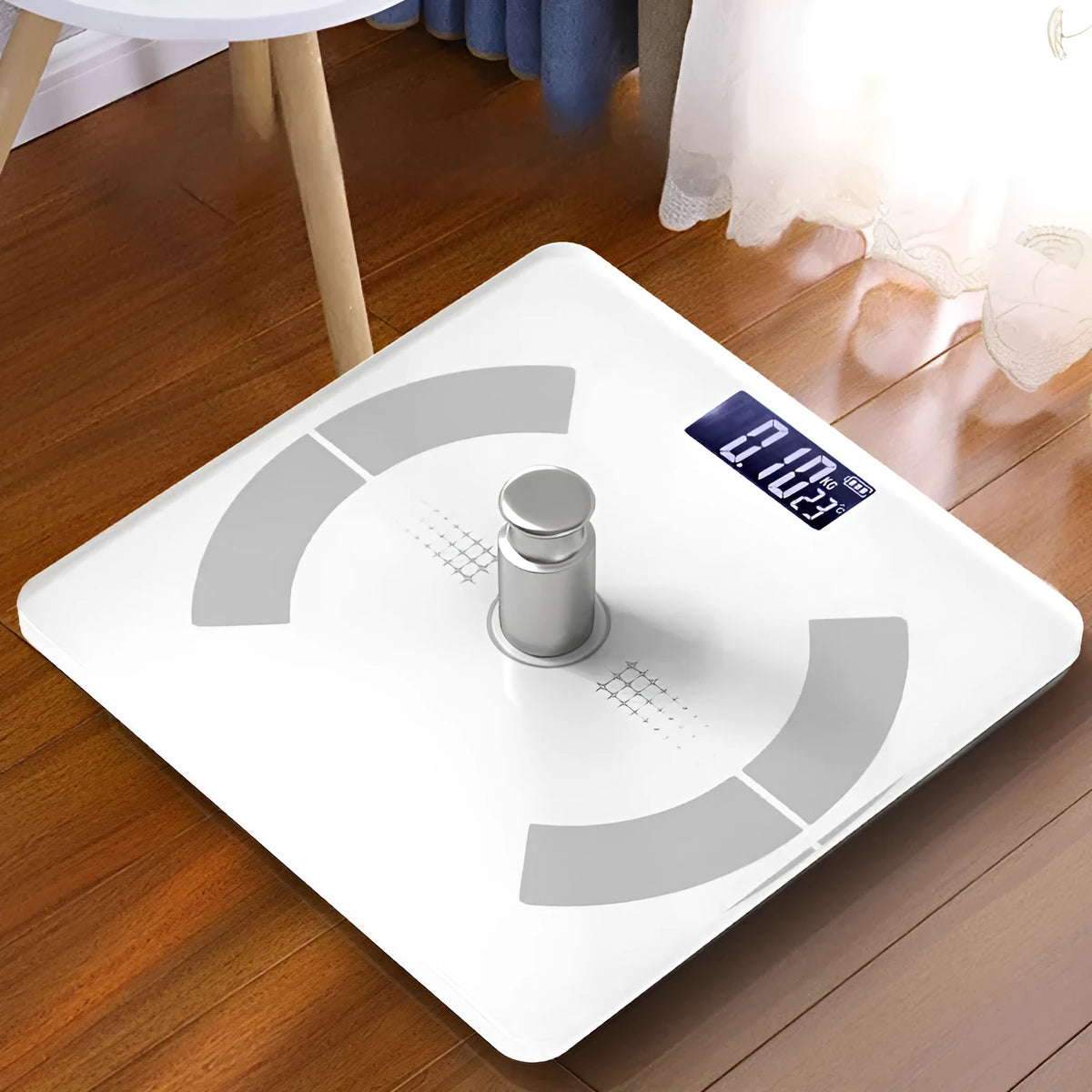 Smart Bluetooth body fat scale in white colour showing digital display and stainless steel electrodes